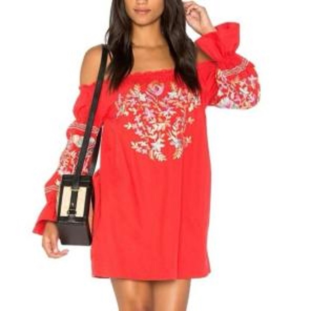 NWT Free People Sunbeams Red Off-Shoulder Embroidered Shift Dress size XS